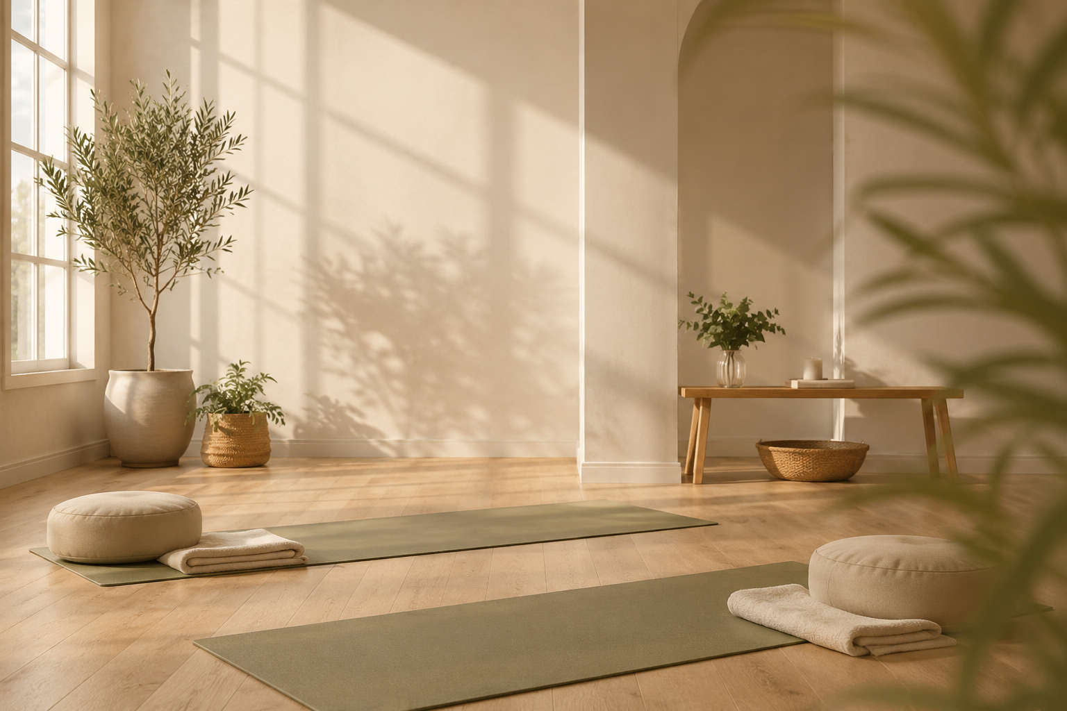 A folded towel, ceramic cup, glass of water and candle on a wooden floor