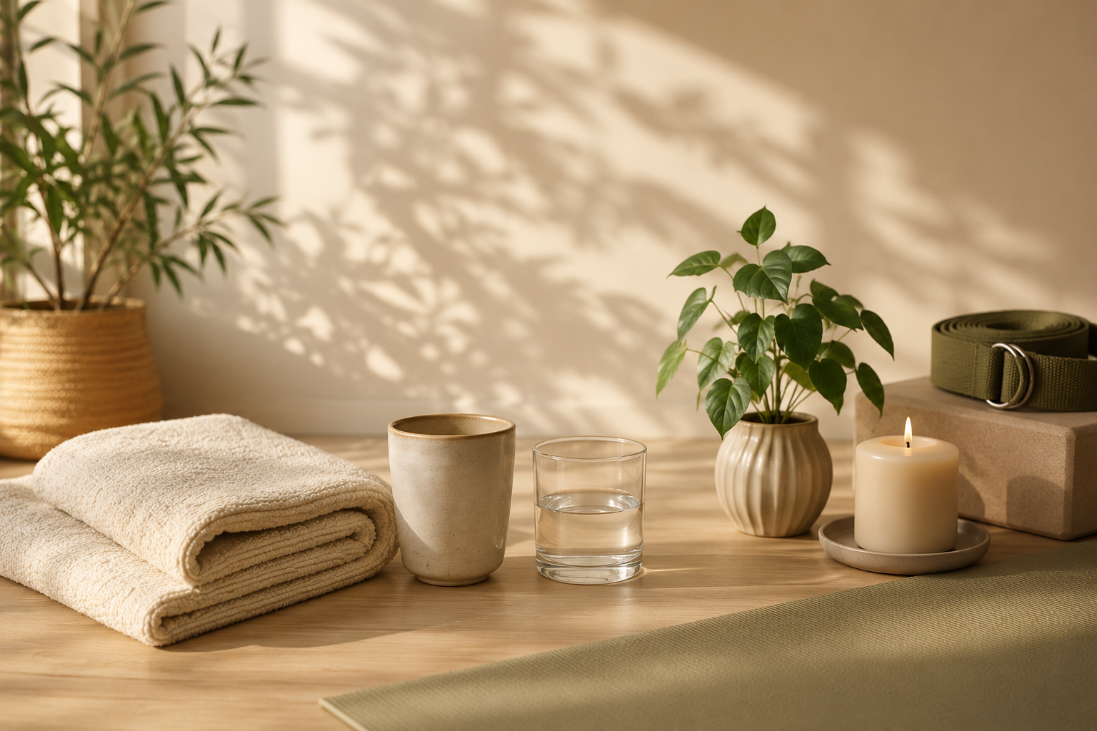 A sage pilates mat with a cushion, block and strap laid out in soft light