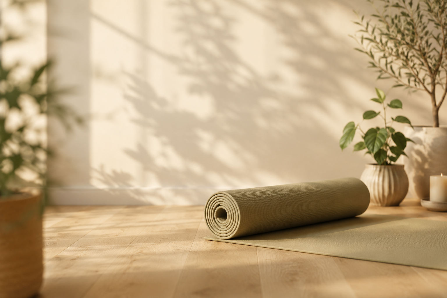 A calm, sunlit room with two sage mats laid out and folded towels